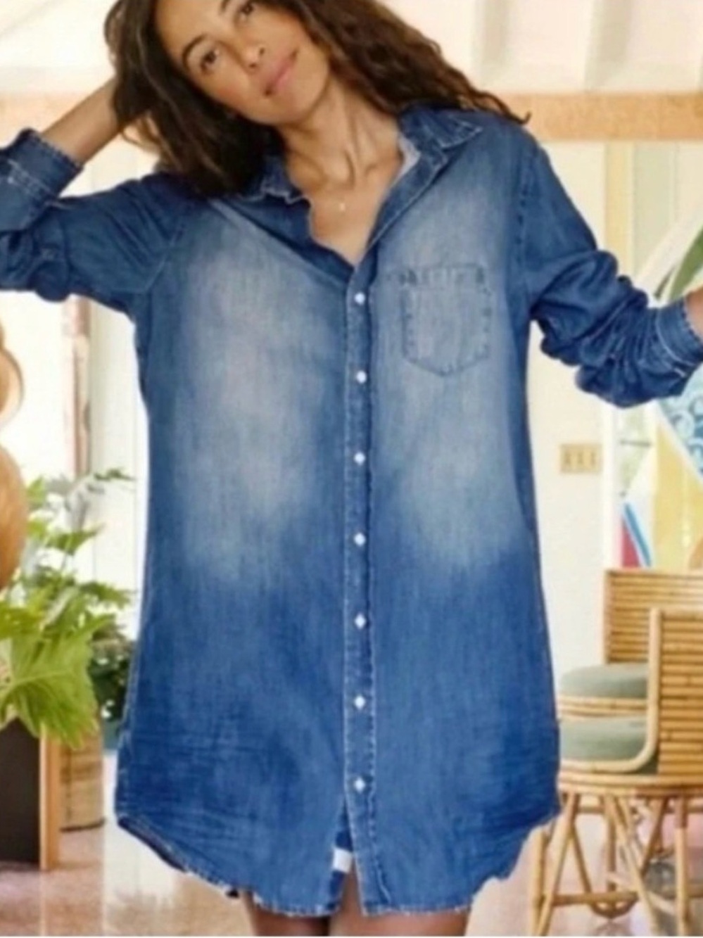 Frank & Eileen Faded Blue Denim Longline Button-Down Shirt Dress